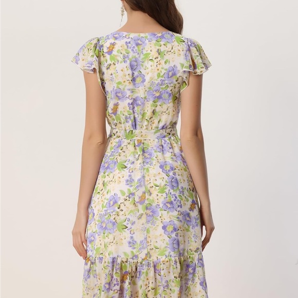 Allegra K - Floral Chiffon Flutter Sleeve Belted Square Neck Ruffled Hem Dress - Picture 3 of 10